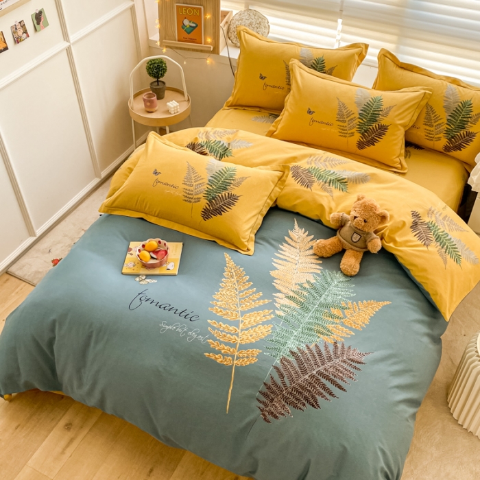 91家纺网 家纺一手货源 找家纺 金爱家 2021新款大版秋冬纯棉磨毛四件套 叶语浪漫