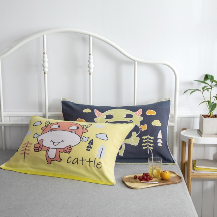 91家纺网 家纺一手货源 找家纺 纯棉枕巾全棉纱布枕头巾枕芯盖巾单人儿童卡通一对装牛小兽