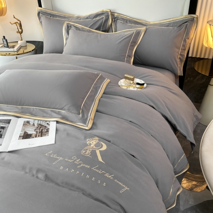 91家纺网 家纺一手货源 找家纺 2021秋冬简约160支加厚纯棉磨毛刺绣四件套简尚-高级灰