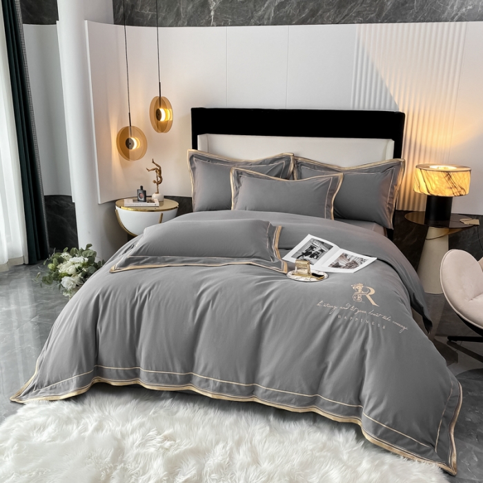 91家纺网 家纺一手货源 找家纺 2021秋冬简约160支加厚纯棉磨毛刺绣四件套简尚-高级灰