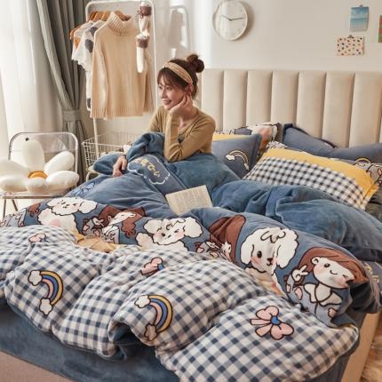 91家纺网 家纺一手货源 找家纺 （总）寐居家纺 2021新款印花牛奶绒四件套浅色调