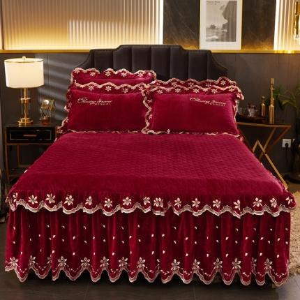 91家纺网 家纺一手货源 找家纺 恒爱2021新款轻奢系列刺绣款单床裙 酒红