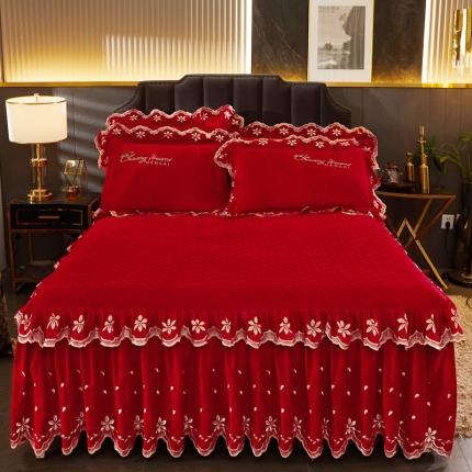 91家纺网 家纺一手货源 找家纺 恒爱2021新款轻奢系列刺绣款单床裙 喜庆红