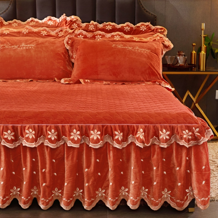91家纺网 家纺一手货源 找家纺 恒爱2021新款轻奢系列刺绣款单床裙 爱玛橙