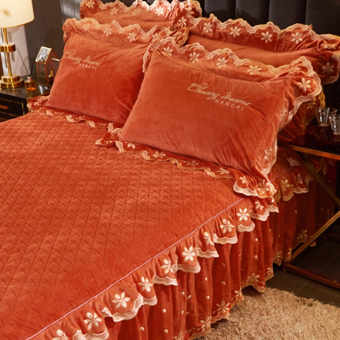 91家纺网 家纺一手货源 找家纺 恒爱2021新款轻奢系列刺绣款单床裙 爱玛橙