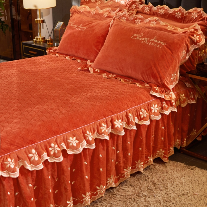 91家纺网 家纺一手货源 找家纺 恒爱2021新款轻奢系列刺绣款单床裙 爱玛橙