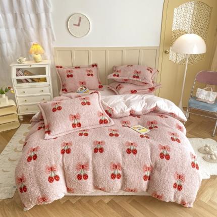 91家纺网 家纺一手货源 找家纺 川悦生活 2021新款羊羔绒四件套 樱桃多多