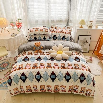 寐居家纺 2021新款牛奶绒单被套实拍图 菱形小熊