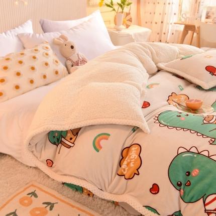 91家纺网 家纺一手货源 找家纺 眠博士 2021新款印花拼羊羔绒单被套 奶茶小龙