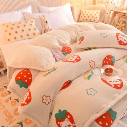 91家纺网 家纺一手货源 找家纺 眠博士 2021新款印花拼羊羔绒单被套 开心草莓