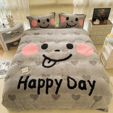 91家纺网 家纺一手货源 找家纺 慕尚 2022新款北欧牛奶绒大版四件套实拍图 可爱笑脸