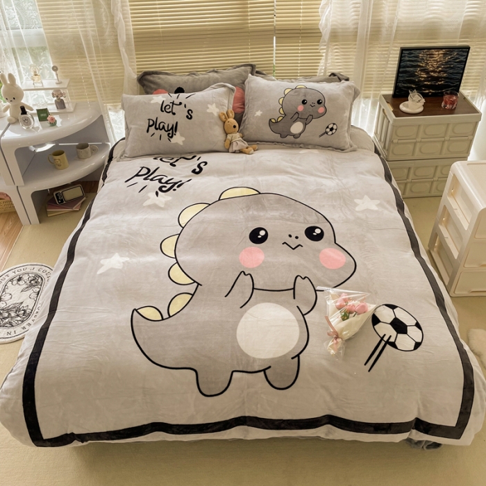 91家纺网 家纺一手货源 找家纺 慕尚 2022新款北欧牛奶绒大版四件套实拍图 快乐恐龙