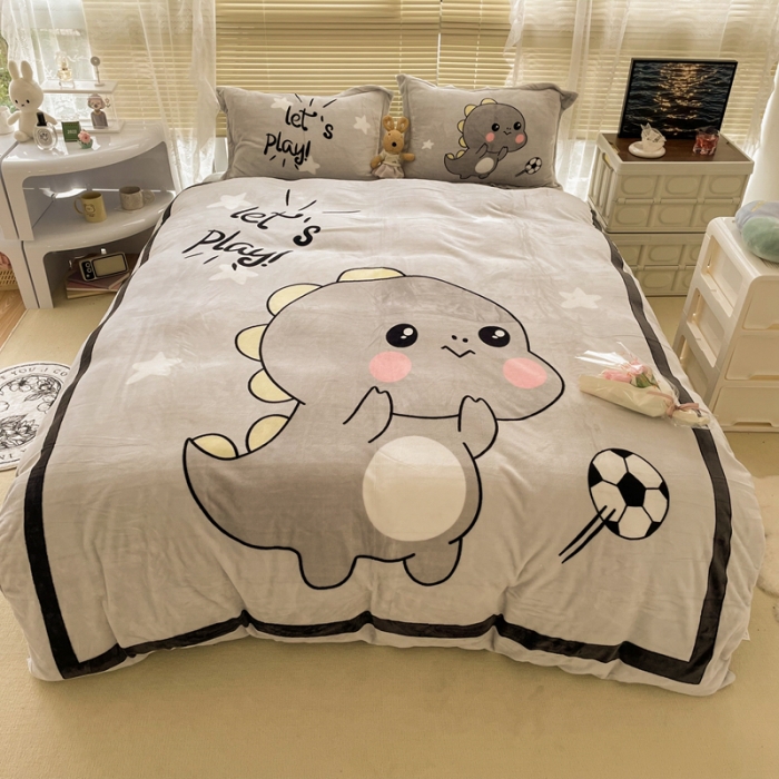 91家纺网 家纺一手货源 找家纺 慕尚 2022新款北欧牛奶绒大版四件套实拍图 快乐恐龙