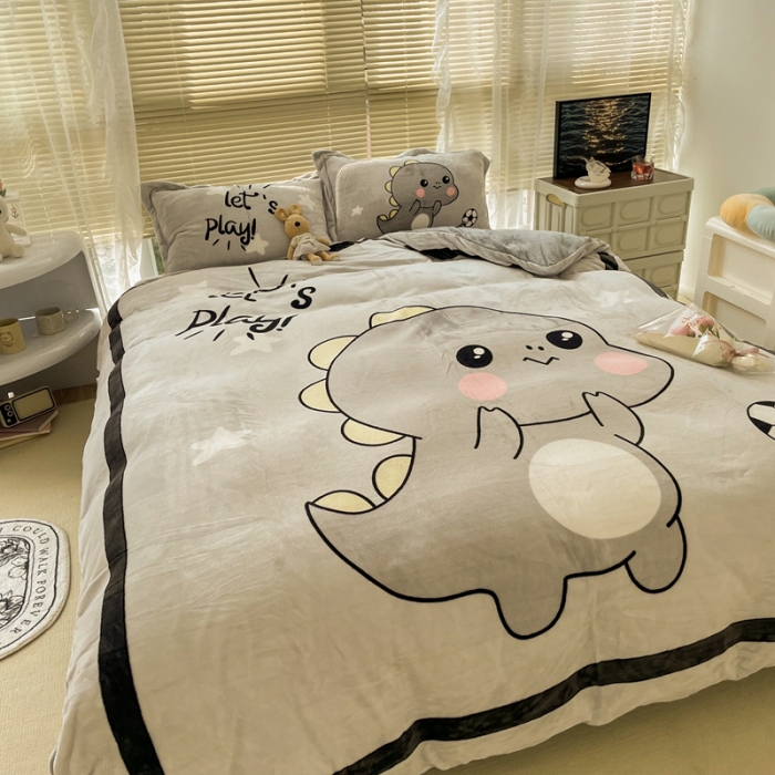 91家纺网 家纺一手货源 找家纺 慕尚 2022新款北欧牛奶绒大版四件套实拍图 快乐恐龙