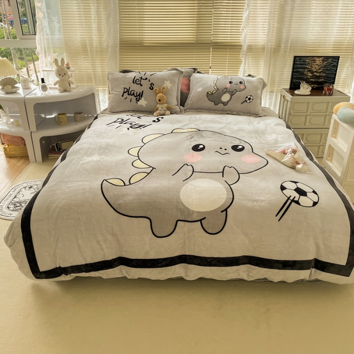 91家纺网 家纺一手货源 找家纺 慕尚 2022新款北欧牛奶绒大版四件套实拍图 快乐恐龙