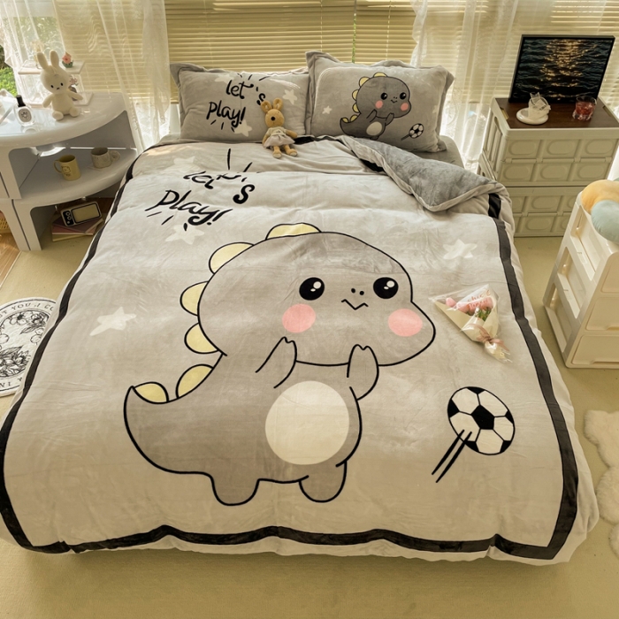 91家纺网 家纺一手货源 找家纺 慕尚 2022新款北欧牛奶绒大版四件套实拍图 快乐恐龙