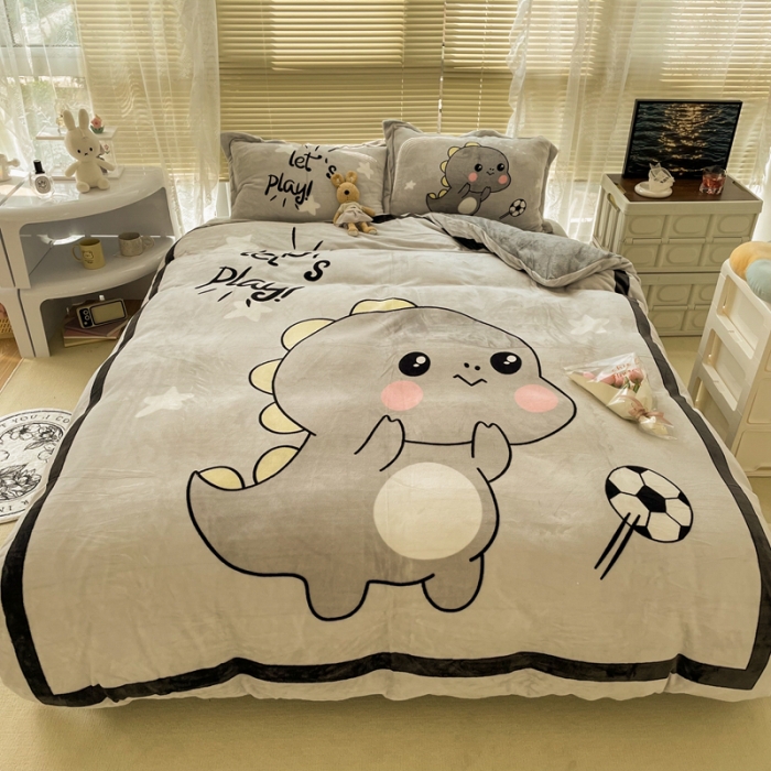 91家纺网 家纺一手货源 找家纺 慕尚 2022新款北欧牛奶绒大版四件套实拍图 快乐恐龙