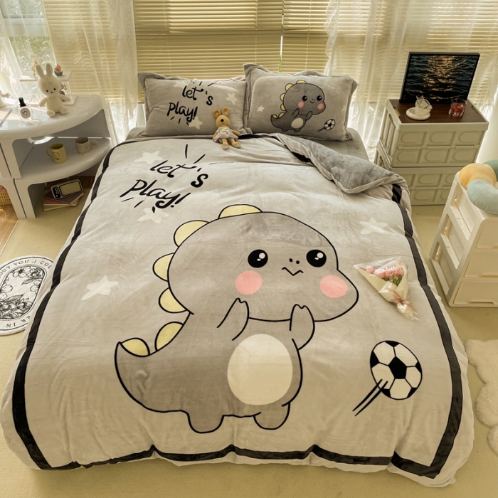 91家纺网 家纺一手货源 找家纺 慕尚 2022新款北欧牛奶绒大版四件套实拍图 快乐恐龙