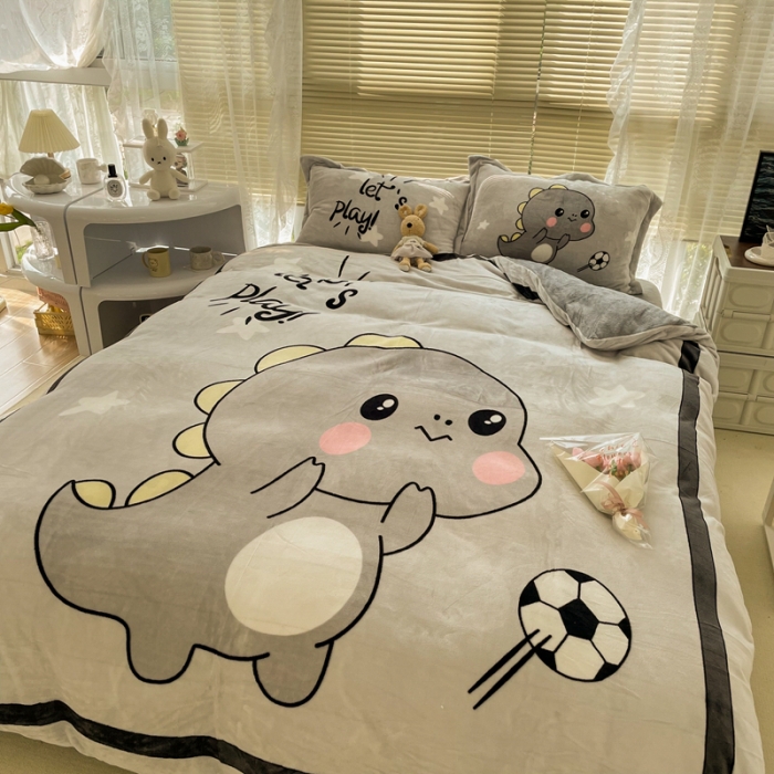 91家纺网 家纺一手货源 找家纺 慕尚 2022新款北欧牛奶绒大版四件套实拍图 快乐恐龙