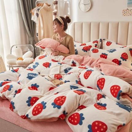 寐居家纺 2021新款印花牛奶绒四件套浅色调 甜心草莓
