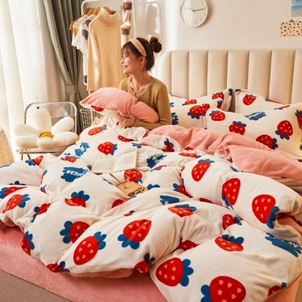 寐居家纺 2021新款印花牛奶绒四件套深色调 甜心草莓
