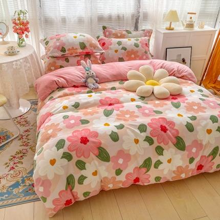 寐居家纺21新款印花牛奶绒四件套法莱水晶宝宝金貂绒实拍图花田