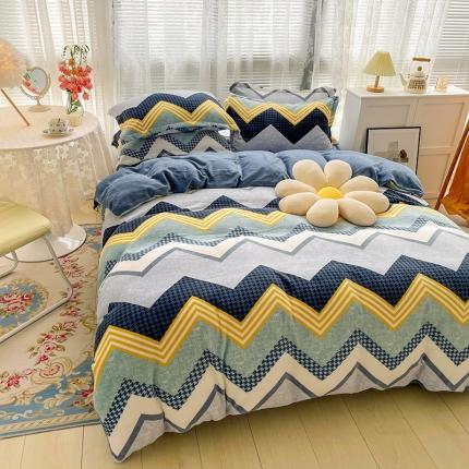 寐居家纺 21印花牛奶绒四件套法莱水晶宝宝金貂绒实拍图简约格