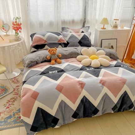 寐居家纺 21印花牛奶绒四件套法莱水晶宝宝金貂绒实拍图菱形格