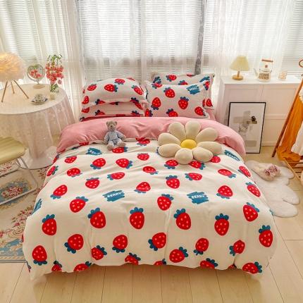 91家纺网 家纺一手货源 找家纺 寐居家纺21印花牛奶绒四件套法莱水晶宝宝金貂绒实拍图甜心草莓