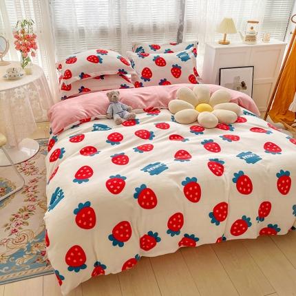 寐居家纺21印花牛奶绒四件套法莱水晶宝宝金貂绒实拍图甜心草莓