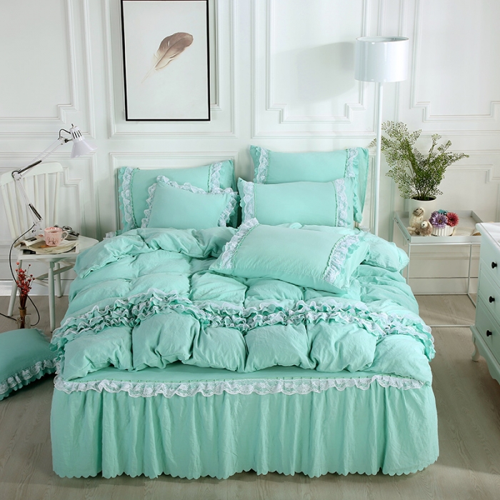 91家纺网 家纺一手货源 找家纺 梦柏家纺 2021新款水洗棉蕾丝四件套 翡翠绿