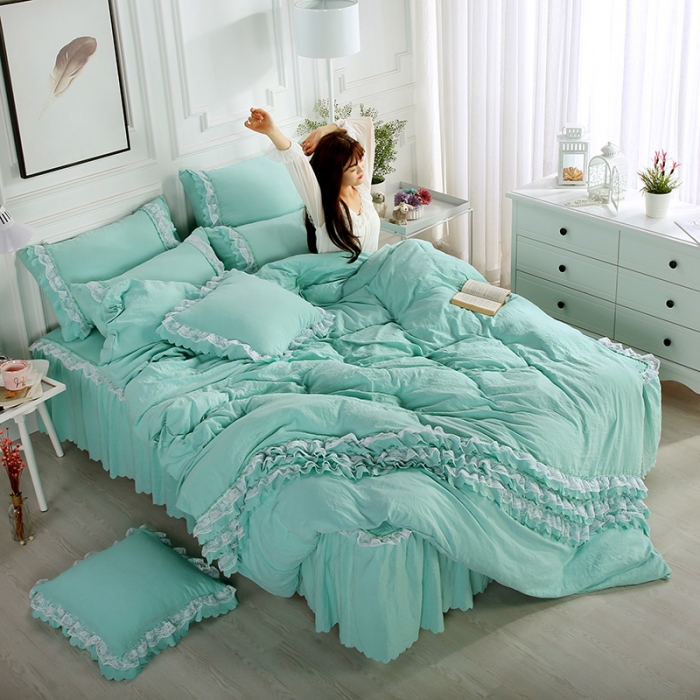 91家纺网 家纺一手货源 找家纺 梦柏家纺 2021新款水洗棉蕾丝四件套 翡翠绿