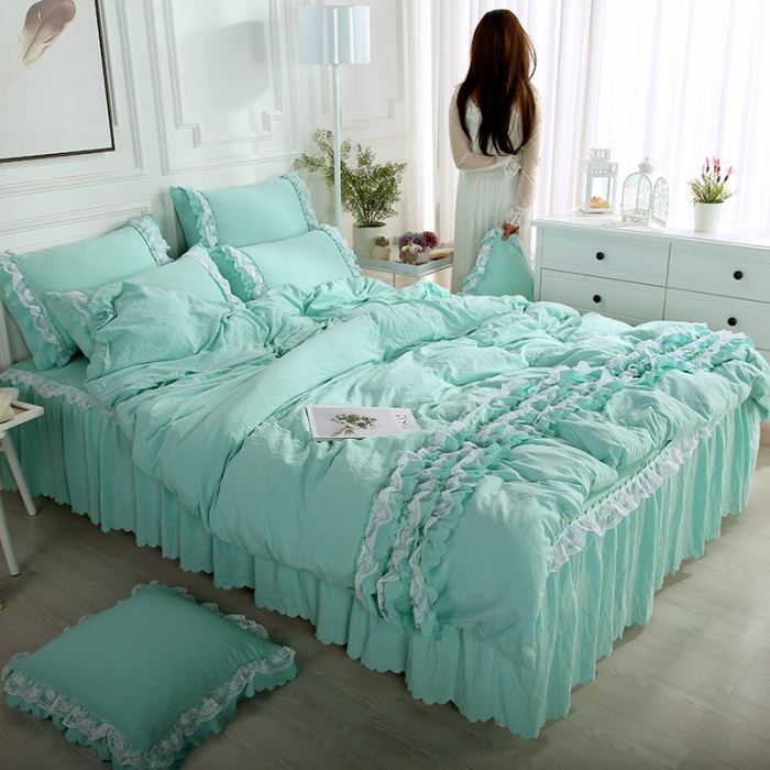 91家纺网 家纺一手货源 找家纺 梦柏家纺 2021新款水洗棉蕾丝四件套 翡翠绿