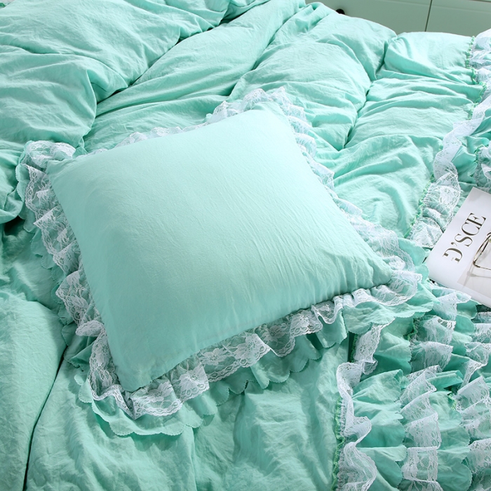91家纺网 家纺一手货源 找家纺 梦柏家纺 2021新款水洗棉蕾丝四件套 翡翠绿
