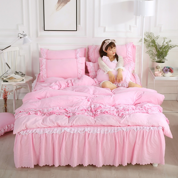 91家纺网 家纺一手货源 找家纺 梦柏家纺 2021新款水洗棉蕾丝四件套 公主粉