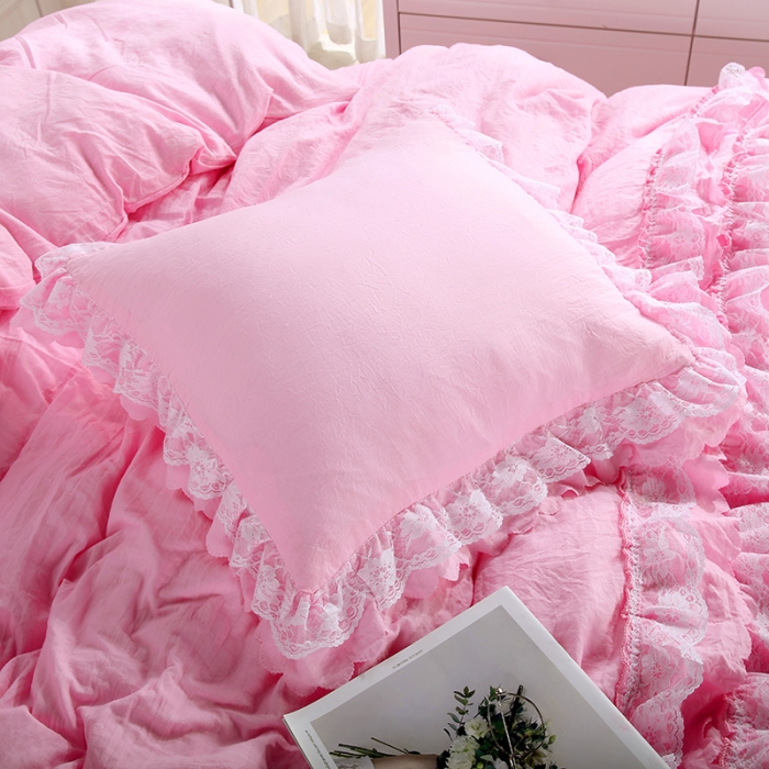 91家纺网 家纺一手货源 找家纺 梦柏家纺 2021新款水洗棉蕾丝四件套 公主粉