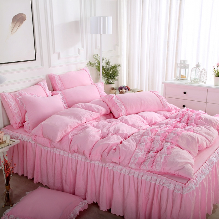 91家纺网 家纺一手货源 找家纺 梦柏家纺 2021新款水洗棉蕾丝四件套 公主粉