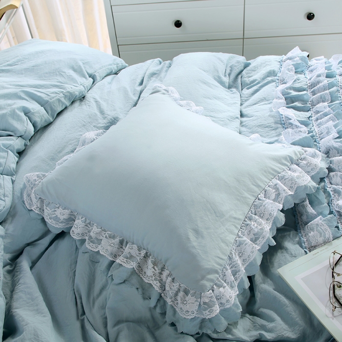 91家纺网 家纺一手货源 找家纺 梦柏家纺 2021新款水洗棉蕾丝四件套 海岛蓝