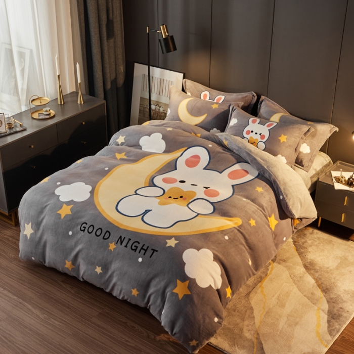 91家纺网 家纺一手货源 找家纺 慕尚 2022新款北欧牛奶绒卡通大版四件套棚拍图 月亮兔