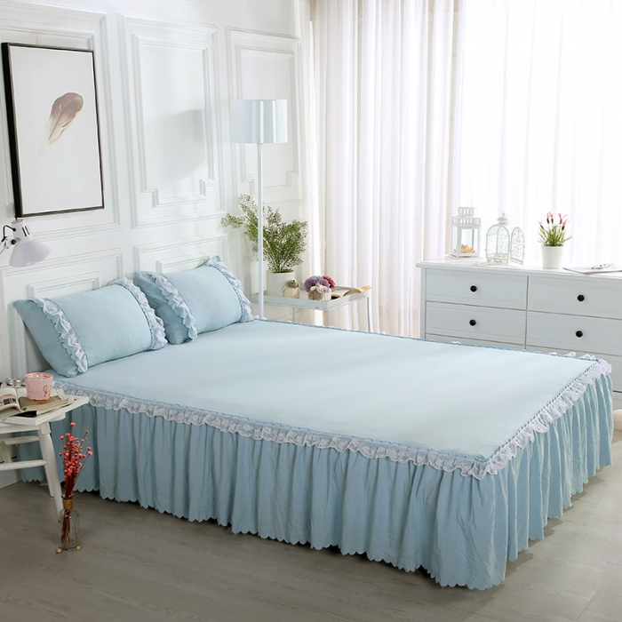 91家纺网 家纺一手货源 找家纺 梦柏家纺 2021新款水洗棉蕾丝四件套 海岛蓝