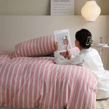 91家纺网 家纺一手货源 找家纺 华超针织 2021新款拼接款天竺棉四件套 粉色粗条