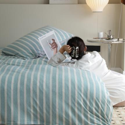 91家纺网 家纺一手货源 找家纺 华超针织 2021新款拼接款天竺棉四件套 蓝色粗条