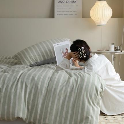 91家纺网 家纺一手货源 找家纺 华超针织 2021新款拼接款天竺棉四件套 浅绿粗条