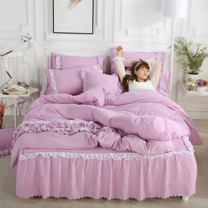 91家纺网 家纺一手货源 找家纺 梦柏家纺 2021新款水洗棉蕾丝四件套 兰花紫