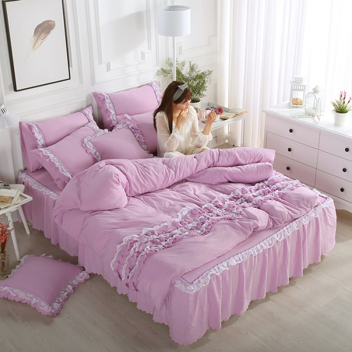 91家纺网 家纺一手货源 找家纺 梦柏家纺 2021新款水洗棉蕾丝四件套 兰花紫