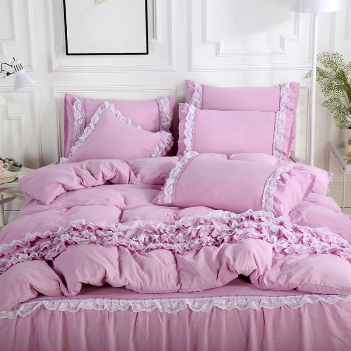 91家纺网 家纺一手货源 找家纺 梦柏家纺 2021新款水洗棉蕾丝四件套 兰花紫