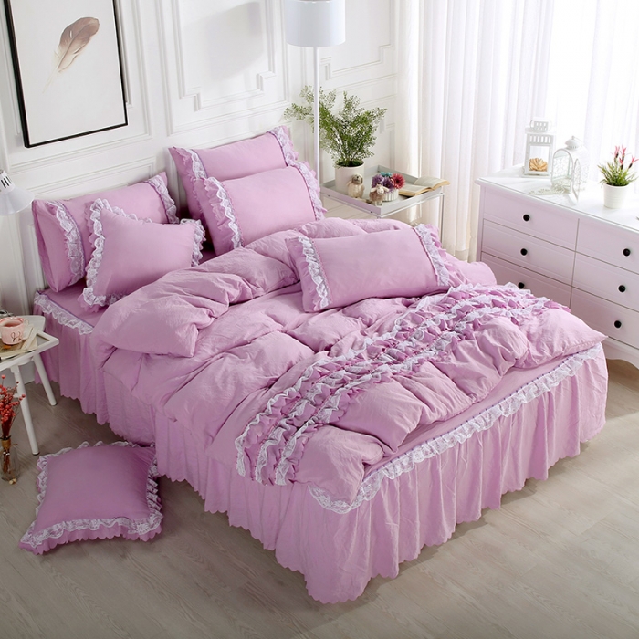 91家纺网 家纺一手货源 找家纺 梦柏家纺 2021新款水洗棉蕾丝四件套 兰花紫