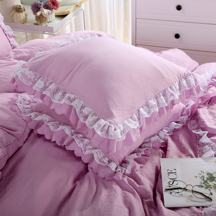 91家纺网 家纺一手货源 找家纺 梦柏家纺 2021新款水洗棉蕾丝四件套 兰花紫