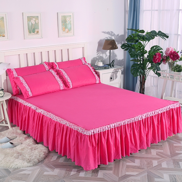 91家纺网 家纺一手货源 找家纺 梦柏家纺 2021新款水洗棉蕾丝四件套 玫红