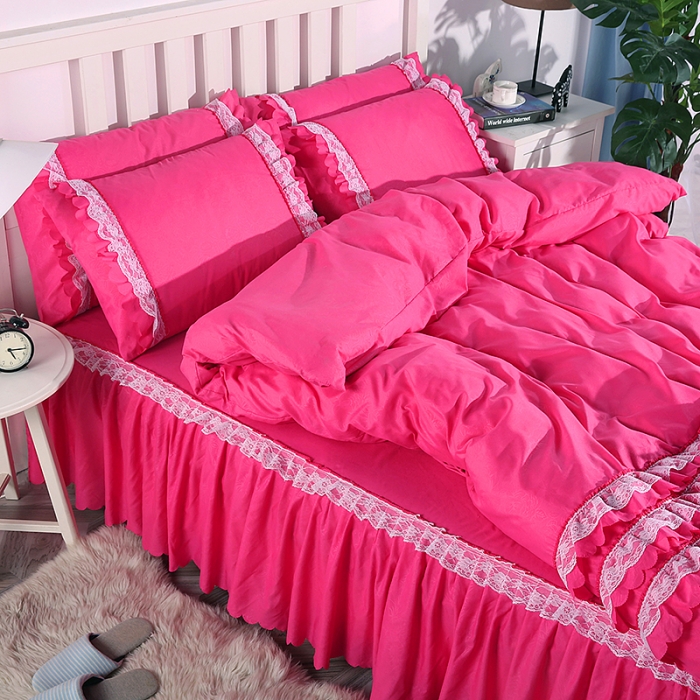 91家纺网 家纺一手货源 找家纺 梦柏家纺 2021新款水洗棉蕾丝四件套 玫红